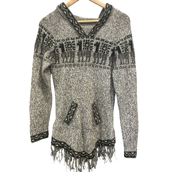 Artesania Peru Alpaca Wool Hoodie Sweater Gray Fringe Boho Artisan Knit Fall - Picture 1 of 7